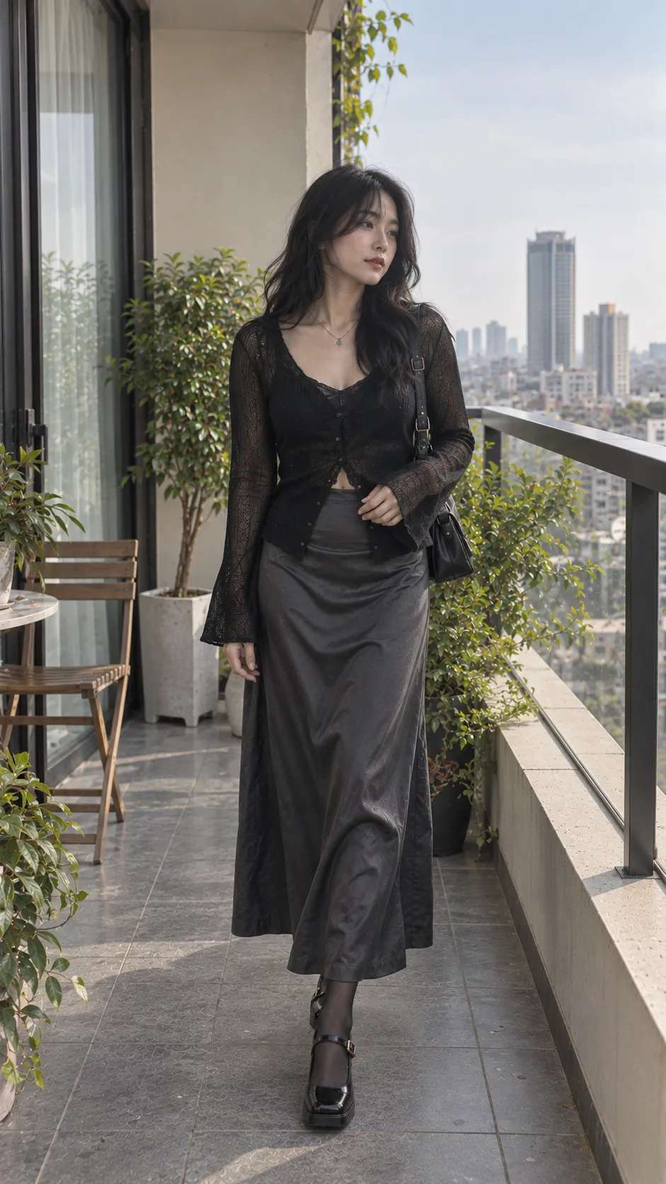 Soft Goth outfit với cardigan sheer đen slip skirt charcoal và Mary Jane