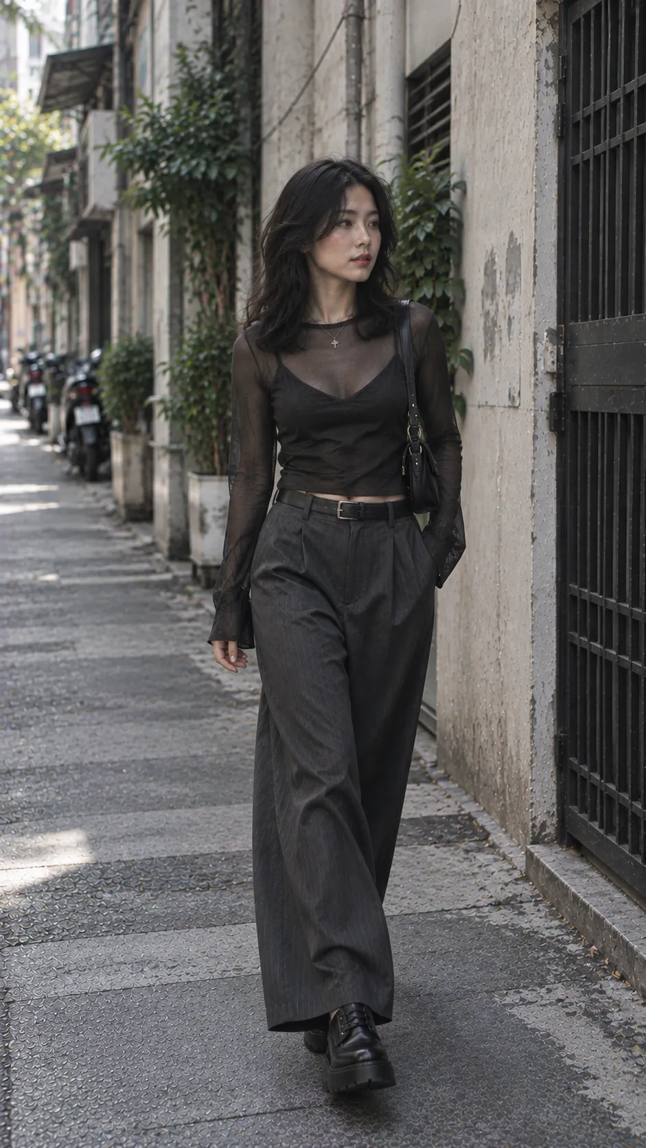 Soft Goth outfit monochrome charcoal với mesh top quần suông và loafer đế dày