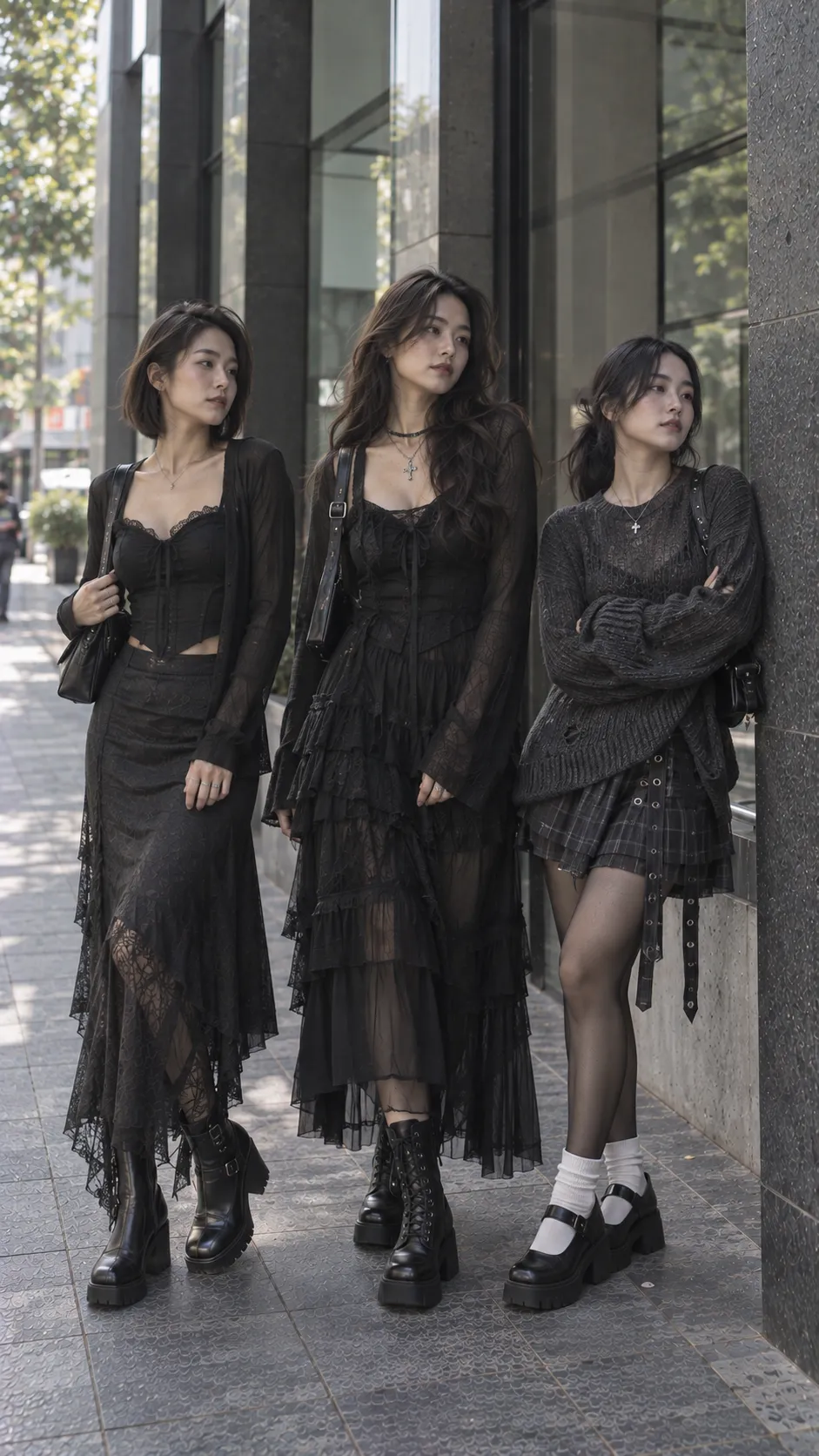 Soft Goth outfit gender neutral với black shirt quần straight loafer và pendant bạc