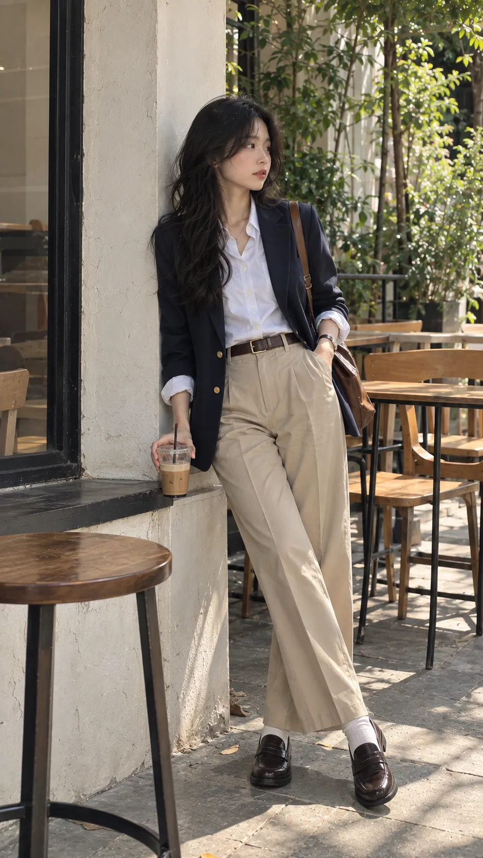 Outfit nữ cổ điển với blazer navy, sơ mi trắng và quần sáng màu theo hướng dễ mặc lặp nhiều dịp