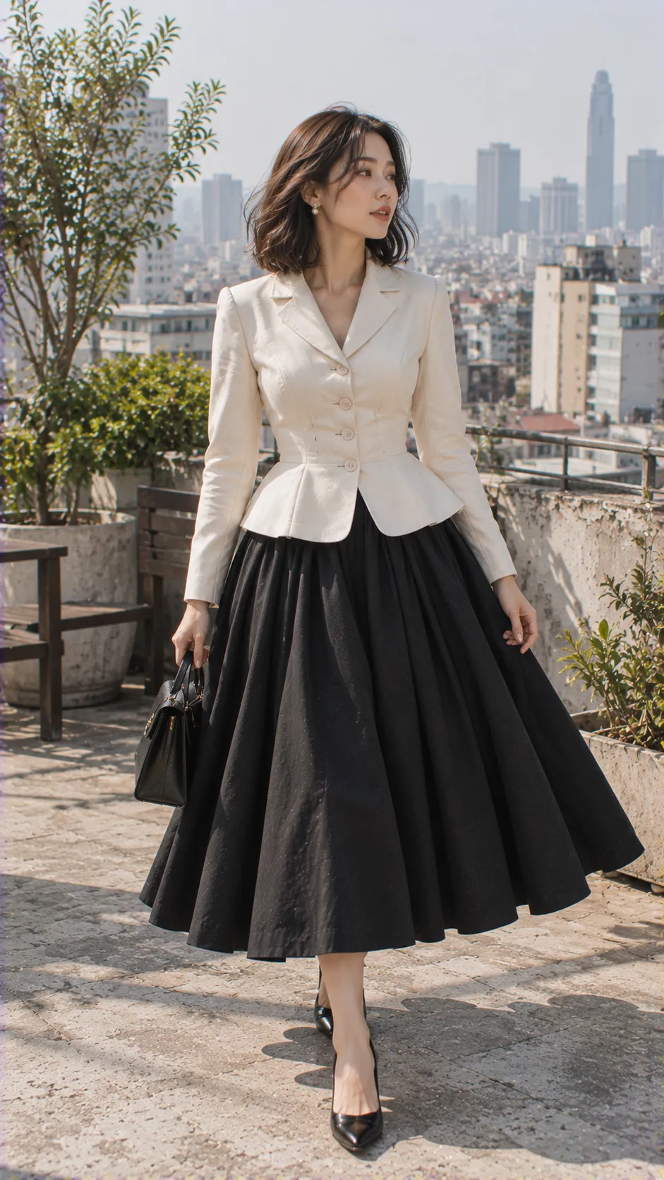 Outfit nữ với áo tailoring sáng màu và chân váy đen có cấu trúc, nhấn mạnh form dáng và đường may