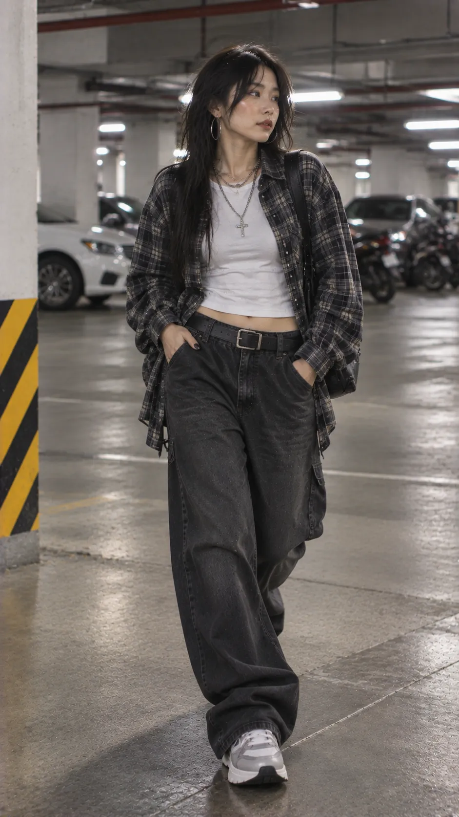 Outfit streetwear nữ với áo khoác caro, áo thun trắng và quần tối màu dễ phối lại theo nhiều cách