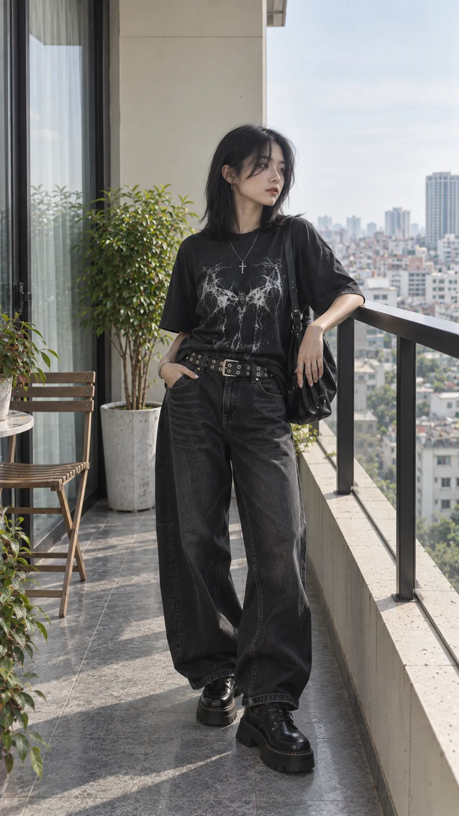Thắt lưng đinh tán bạc phối jeans đen áo graphic tối và combat boots