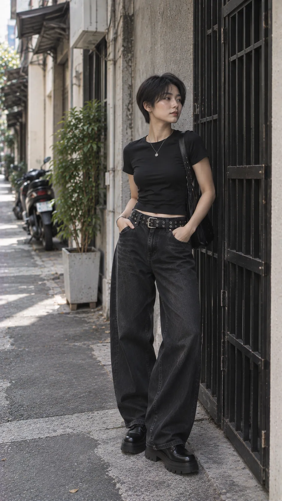 Thắt lưng đinh tán một hàng phối quần jeans đen và fitted tee tối giản