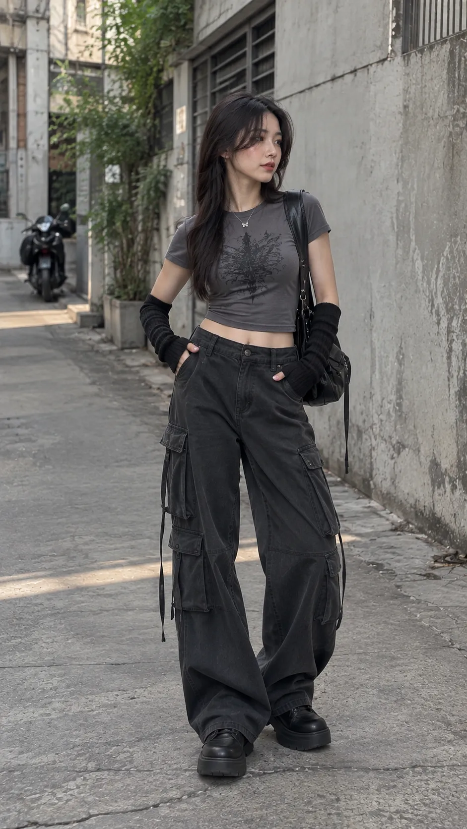 Outfit alt với baby tee, cargo pants và thắt lưng nhấn eo