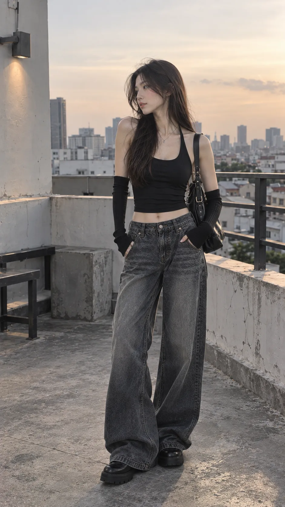 Outfit với halter top, jeans rộng và thắt lưng tạo điểm nhấn ở eo