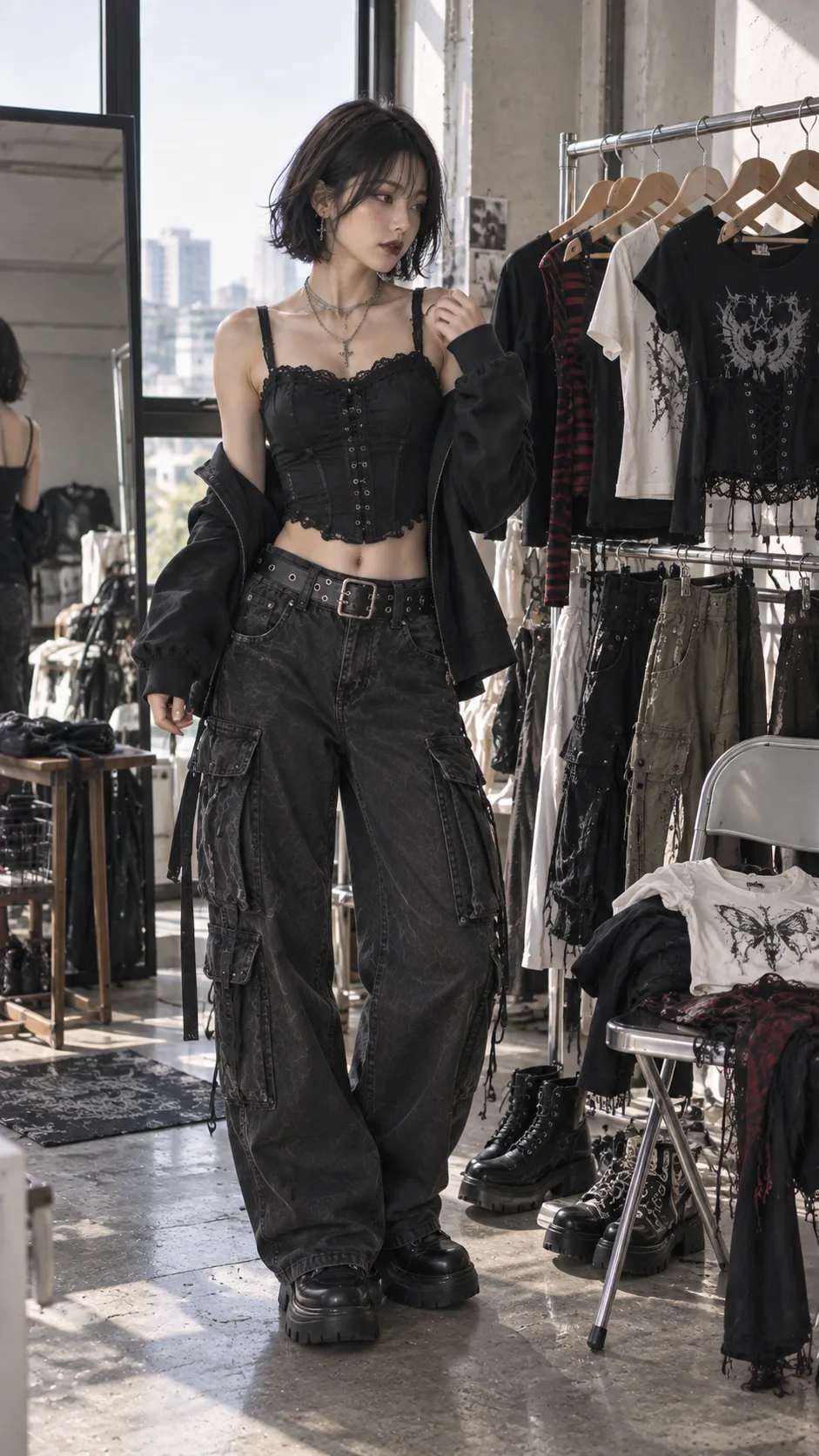 Tủ Đồ Alt Fashion 1 Triệu với baby tee, corset top, áo thun, cargo pants, mẫu nữ trẻ đang thử form trong không gian mua sắm không logo