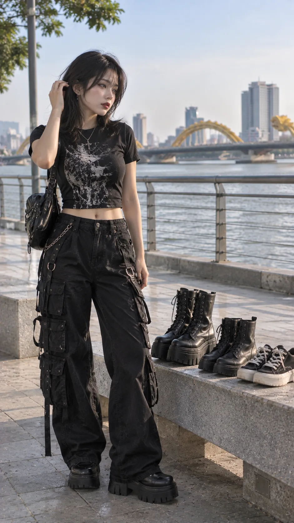 Tủ Đồ Alt Fashion 1 Triệu với platform boots, boots, sneaker, mẫu nữ trẻ đang thử form trong không gian mua sắm không logo