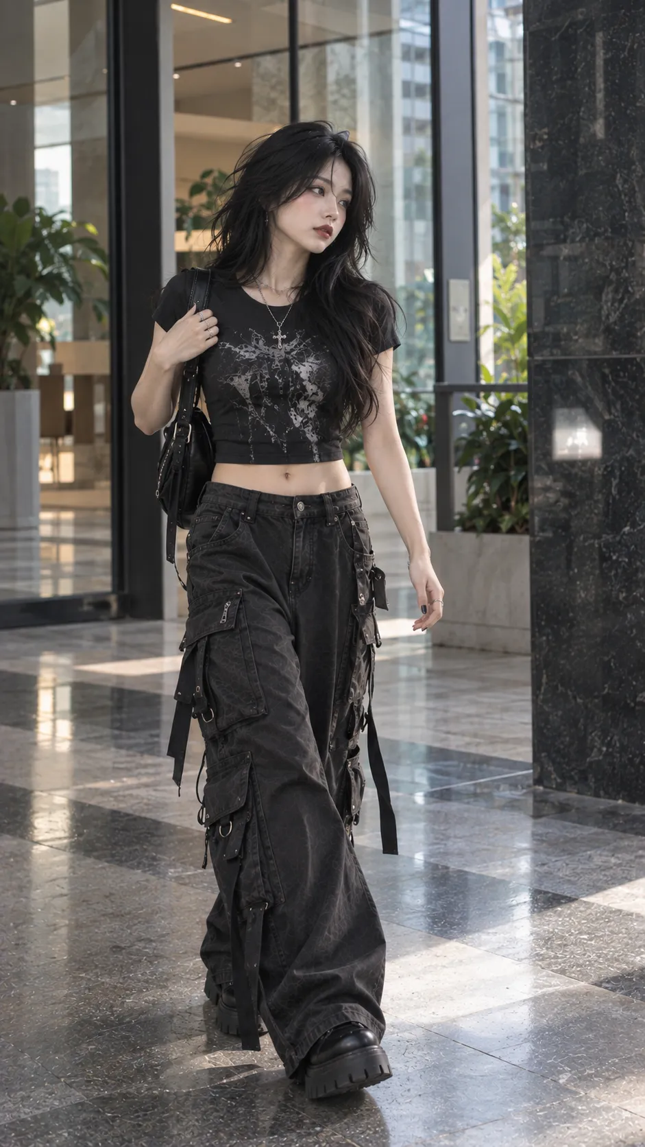 Tủ Đồ Alt Fashion 1 Triệu với baby tee, cargo pants, mẫu nữ trẻ đang thử form trong không gian mua sắm không logo