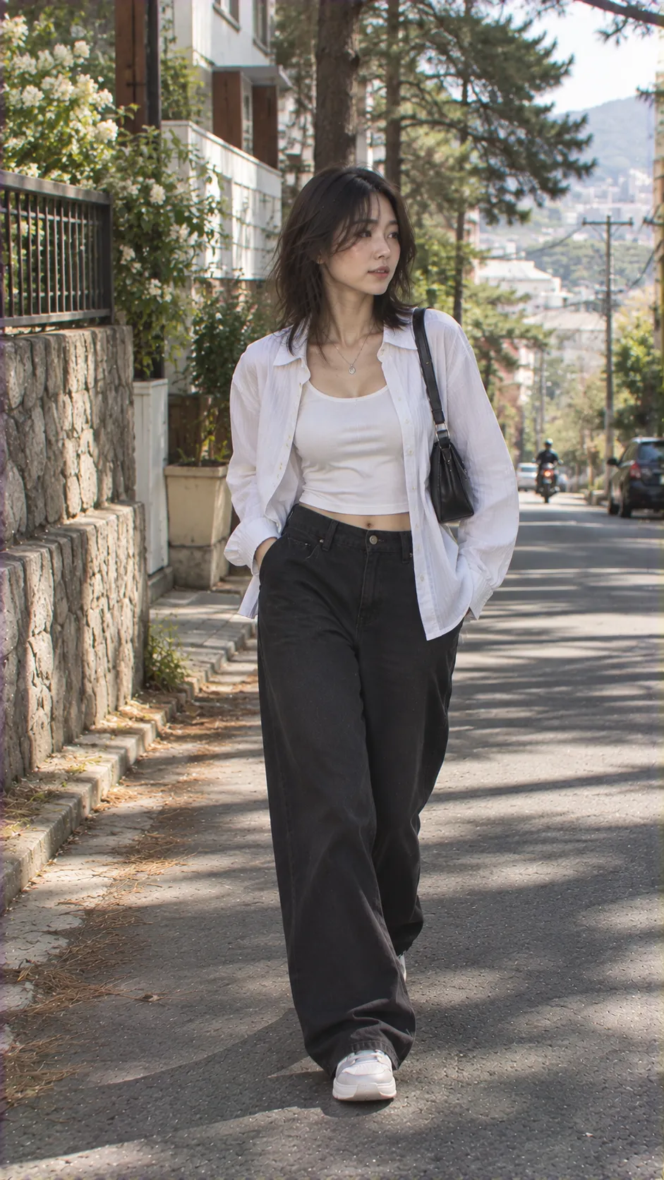 Ulzzang style nữ hiện đại với sơ mi trắng mở, tank top, quần đen ống rộng, túi vai nhỏ và sneaker