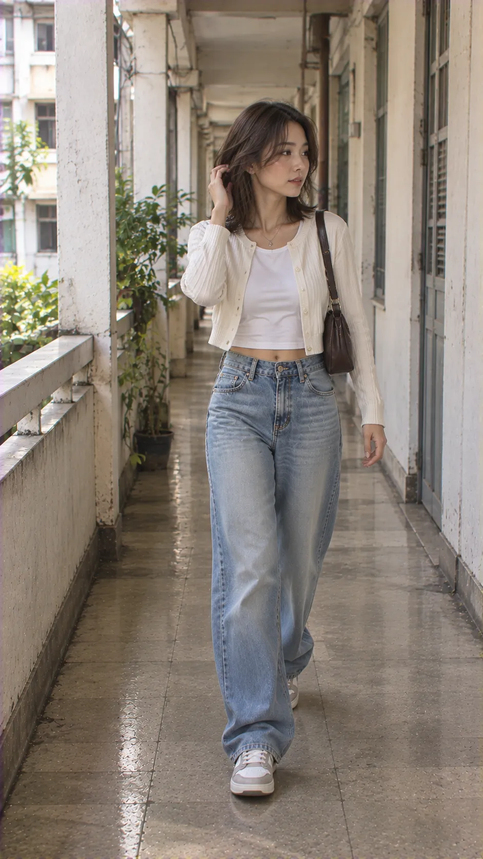 Diễn giải ulzzang đầu 2000s với cardigan, áo thun đơn giản, denim và cách tạo dáng chụp ảnh webcam