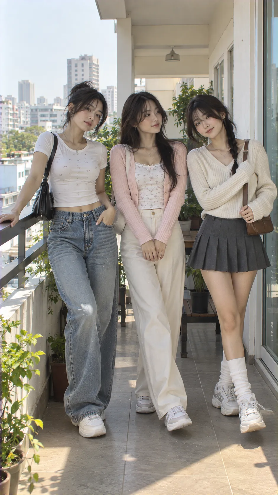 Ba công thức ulzzang style nữ gồm fitted tee với jeans, cardigan với quần cạp cao và knit với chân váy xếp ly