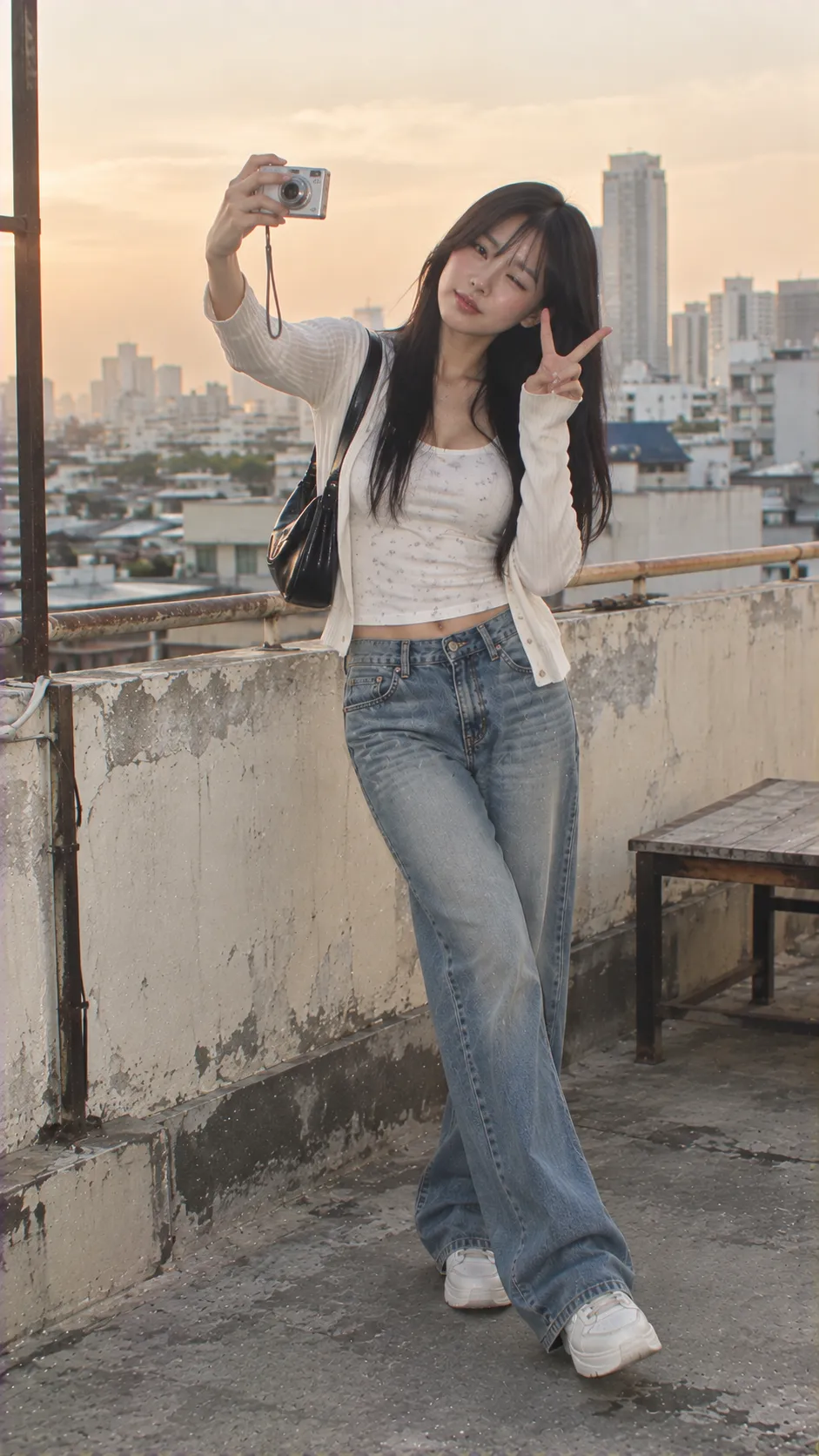 Ulzzang style hiện đại với cardigan crop, áo cổ tròn gọn, quần suông cạp cao và sneaker trắng