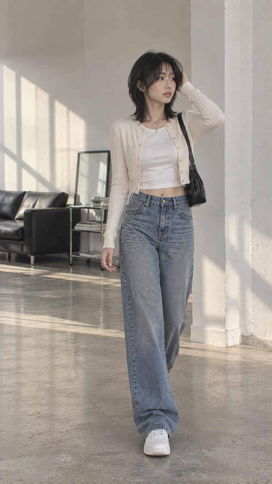 So sánh ulzzang casual với Acubi bằng hai outfit cardigan sáng và fitted top neutral có layer