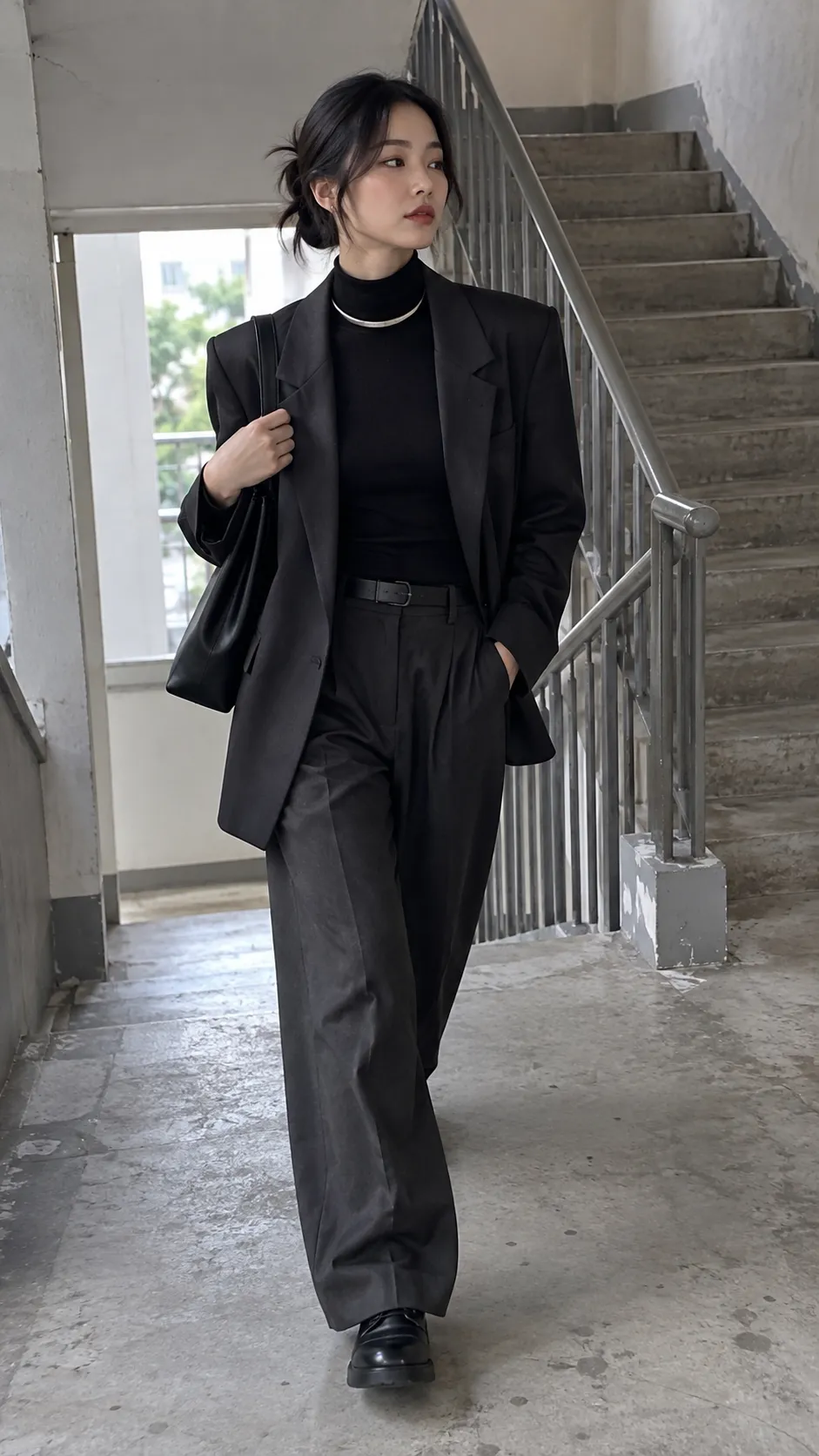 Visual Kei với blazer boxy đen, áo cổ cao và choker kim loại bạc