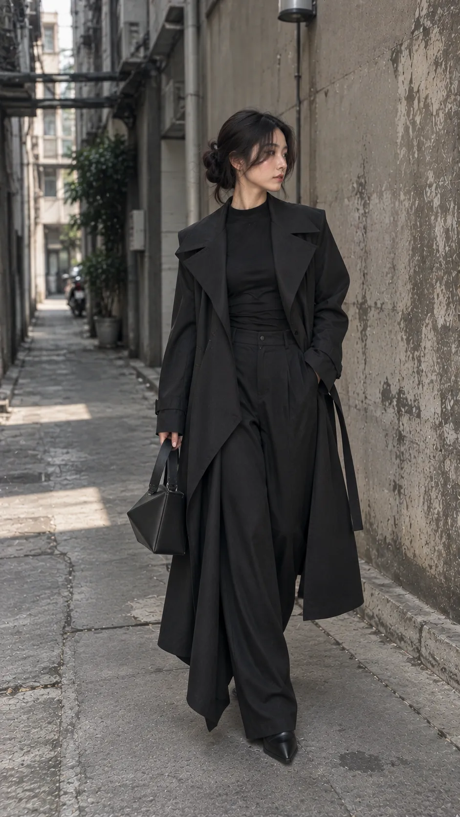 Visual Kei tối giản với coat dài cấu trúc, quần thẳng và túi hình học